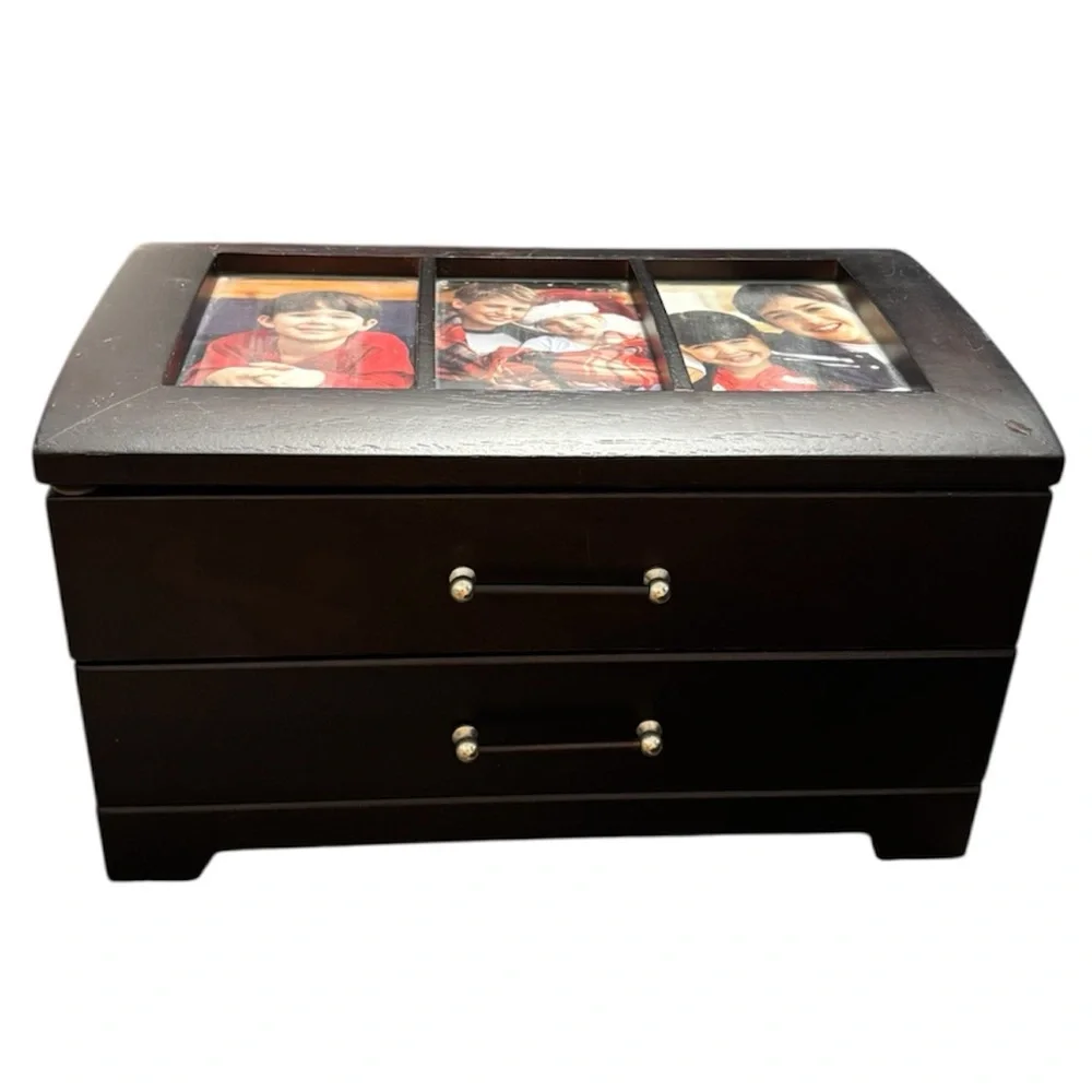 Vintage Dark Wood Jewelry Box 2-Drawer Glass Lid Trinket Organizer Picture Frame